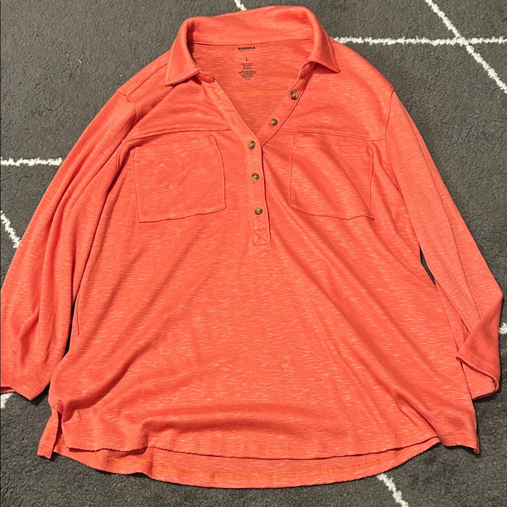 Sonoma Women's Orange 1/4 Button-Down Shirt